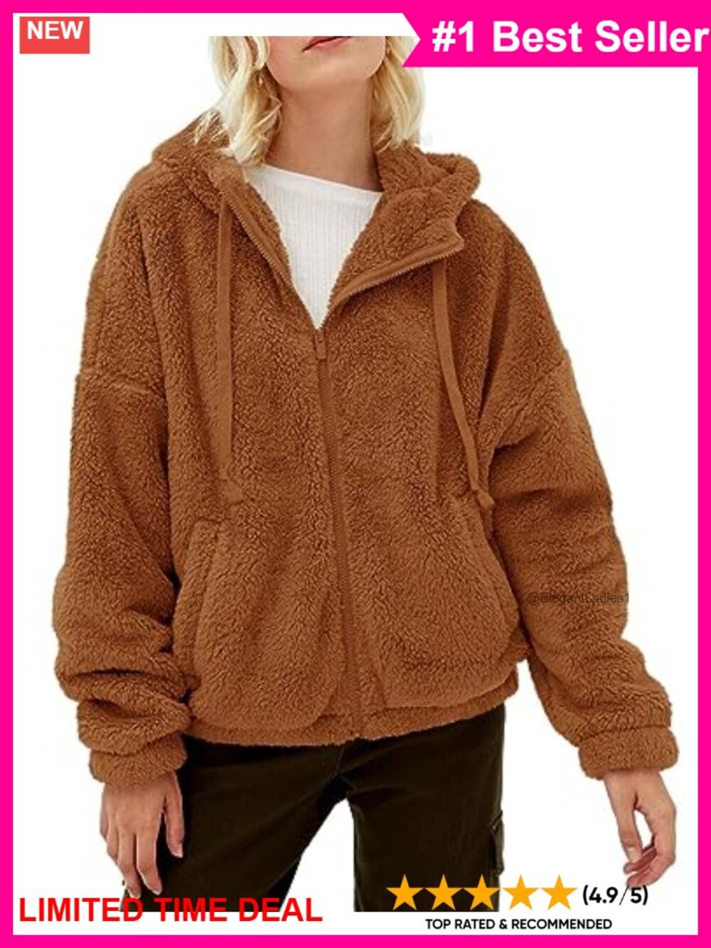 Fuzzy Sherpa Fleece Zip Up Hooded Jacket Loose Fit Warm Winter
